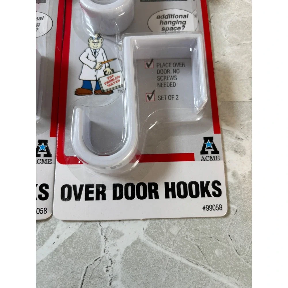 Acme Over Door Hooks White Plastic No Screws Needed 2 Packs of 2 1997 NOS NEW